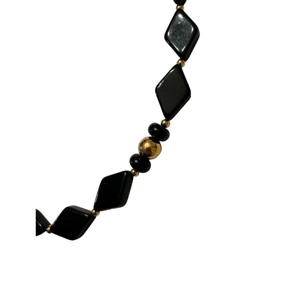 Trifari Necklace Black Lucite Plastic Gold Tone Chunky Geometric Bead Signed 30" - Picture 3 of 9